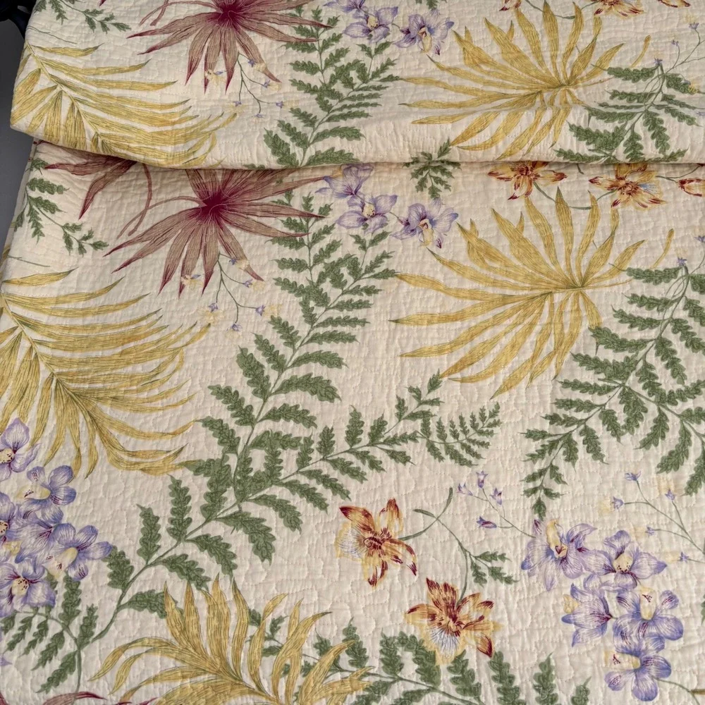 Tropical Floral Quilted Bedspread Orchid Fern Palm Leaf Reversible Queen 90x86